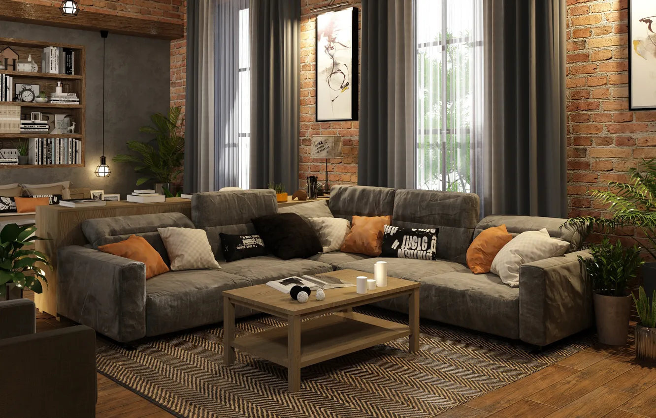 Photo wallpaper design, plant, interior, living room, upholstered furniture, loft style