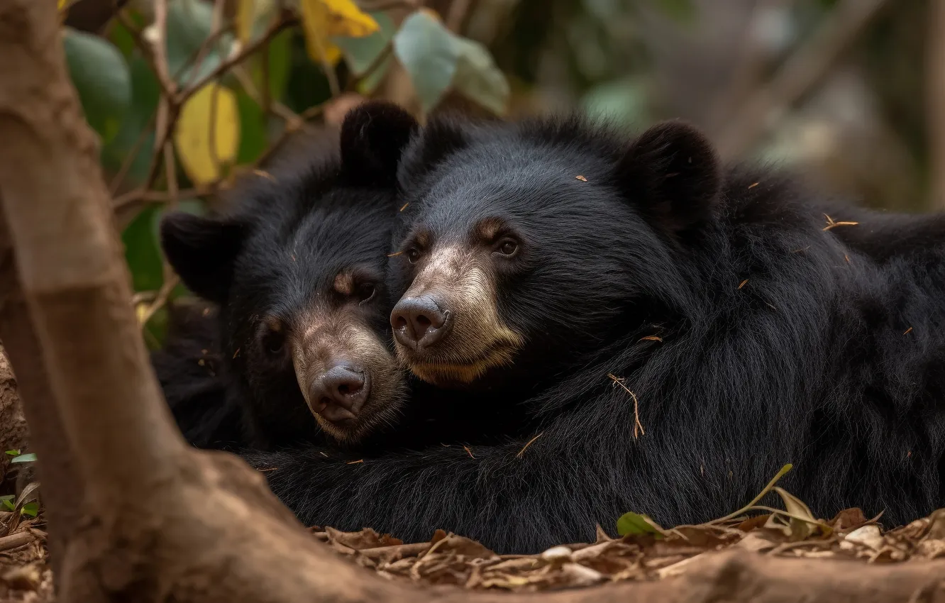 Photo wallpaper look, face, trees, together, black, bear, pair, lies