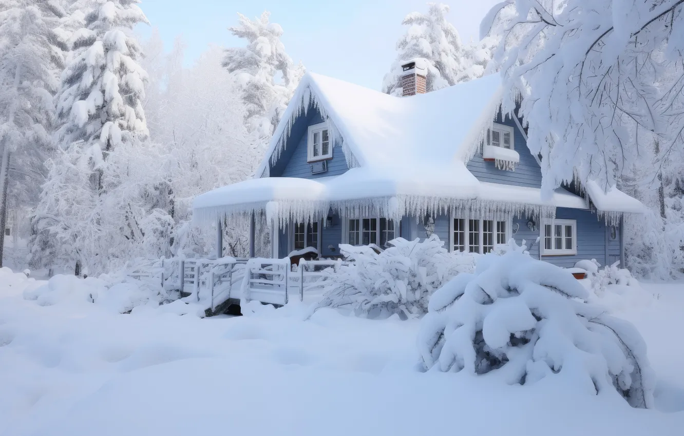Photo wallpaper winter, frost, forest, snow, trees, branches, in the snow, the fence