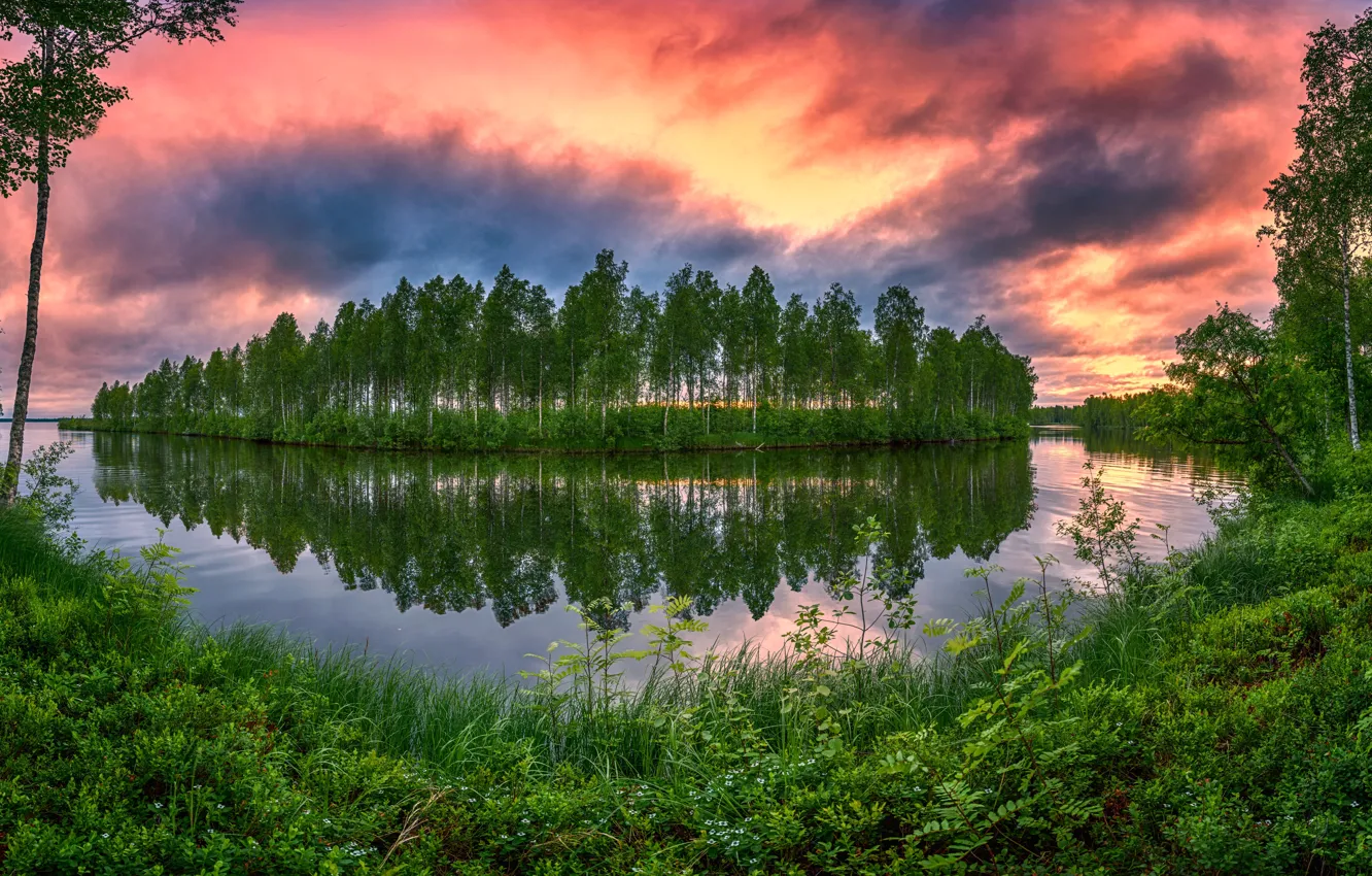 Photo wallpaper summer, grass, trees, sunset, lake, reflection, island