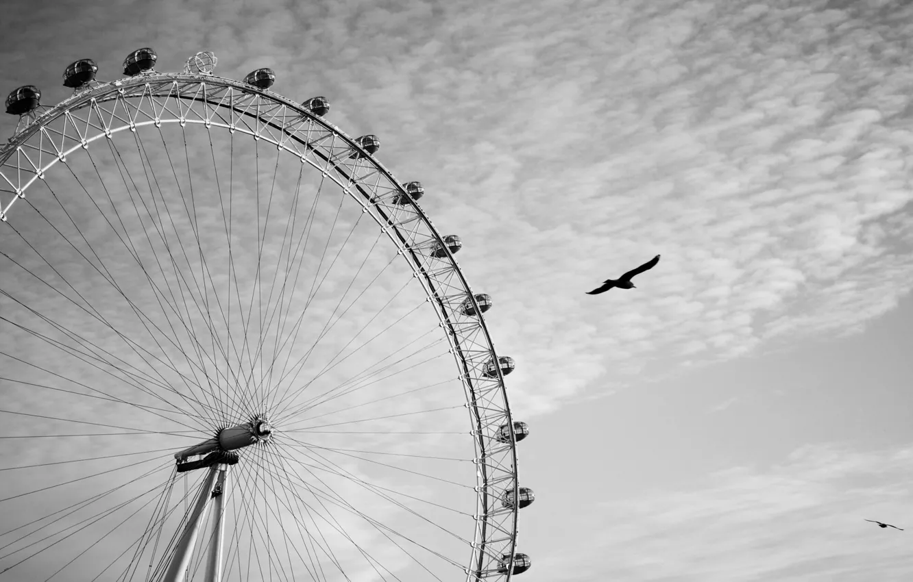 Photo wallpaper the sky, clouds, bird, London, Ferris wheel, black and white, London, The London eye