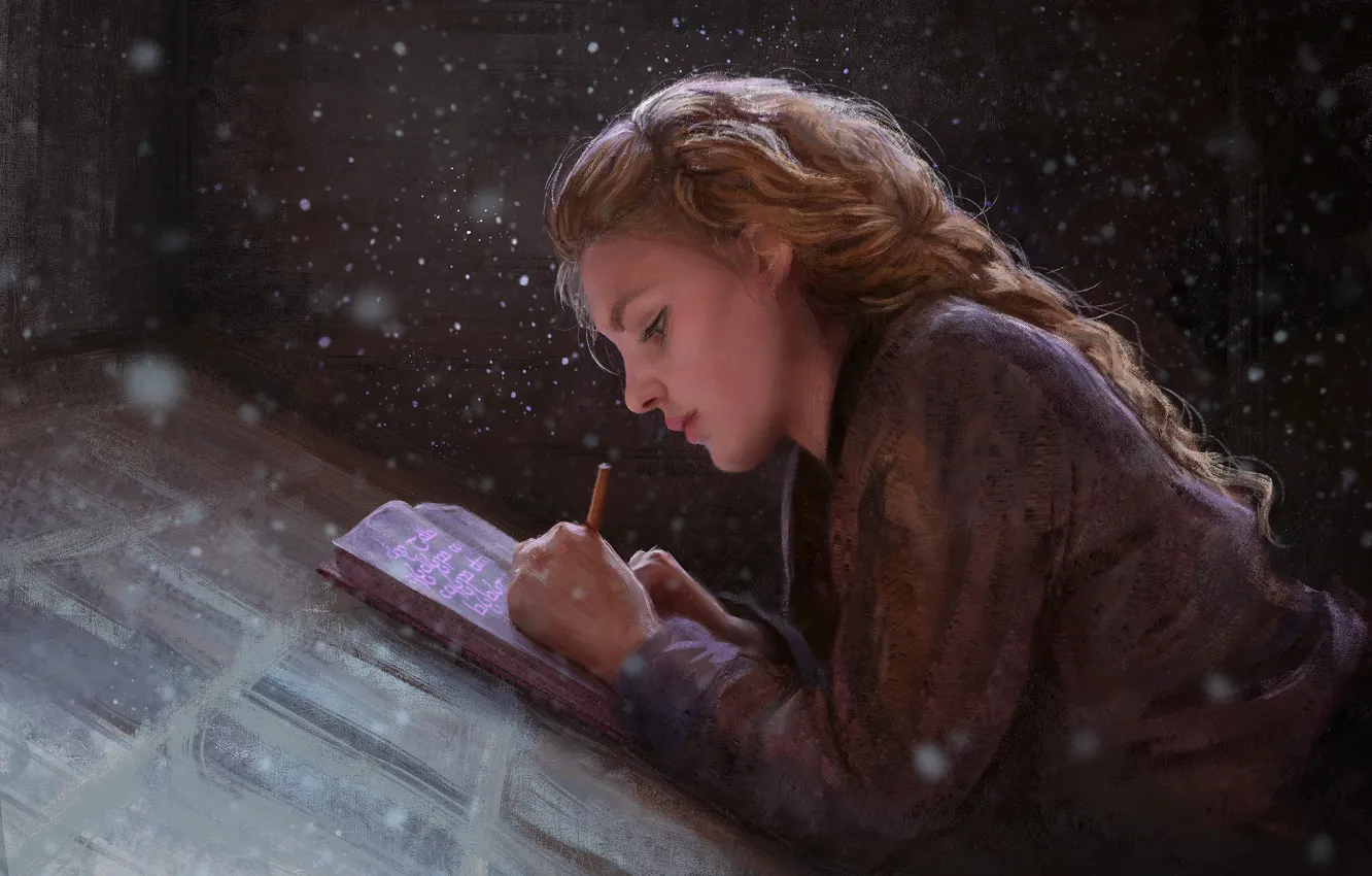 Photo wallpaper girl, fantasy, magic, snow, braid, painting, artist, blonde