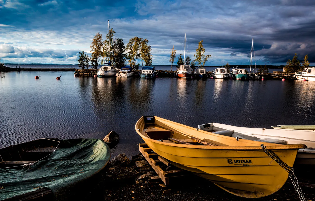 Photo wallpaper the sky, trees, clouds, lake, boats, harbour
