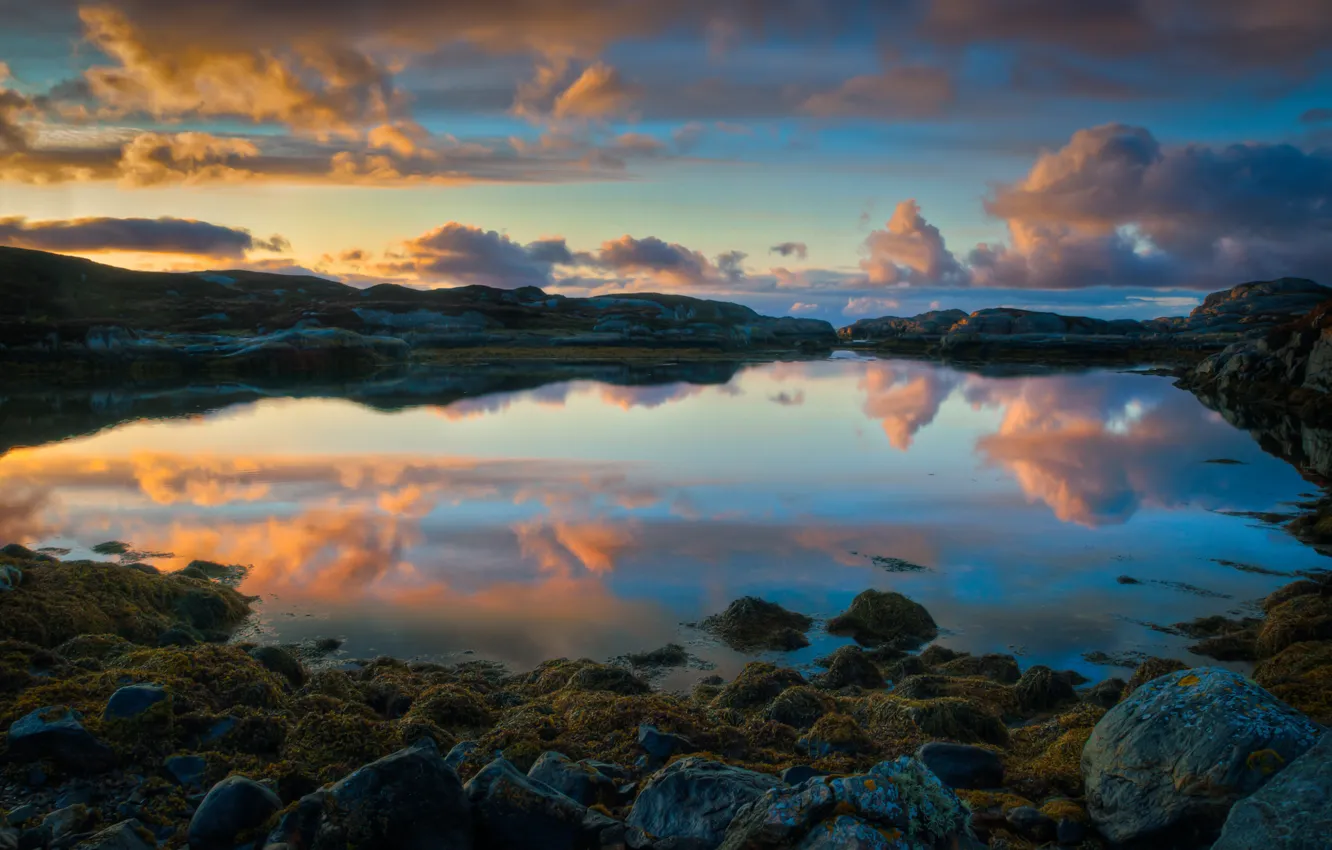 Photo wallpaper sunset, reflection, Norway