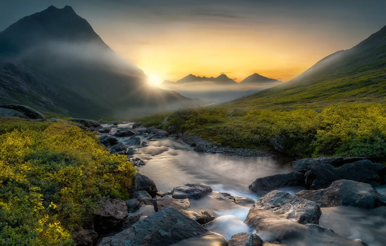 Photo wallpaper mountains, stream, sunrise, dawn, valley, Norway, river, Norway