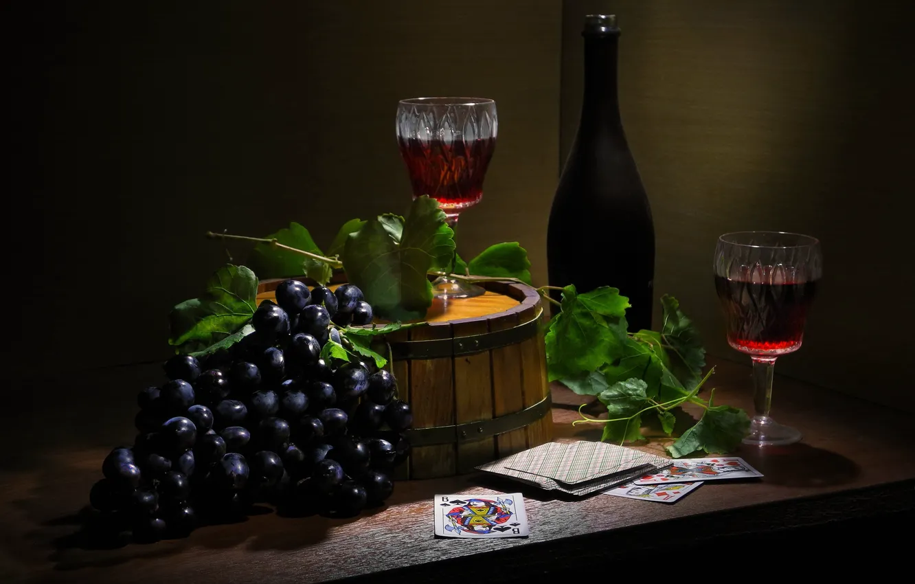 Photo wallpaper card, style, wine, bottle, glasses, grapes, bunch, still life