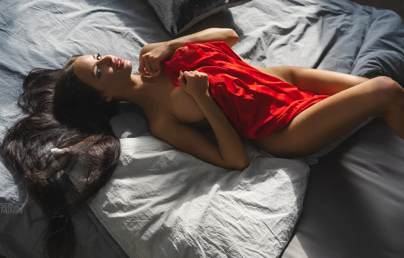 Photo wallpaper girl, long hair, model, women, brunette, red dress, hips, in bed