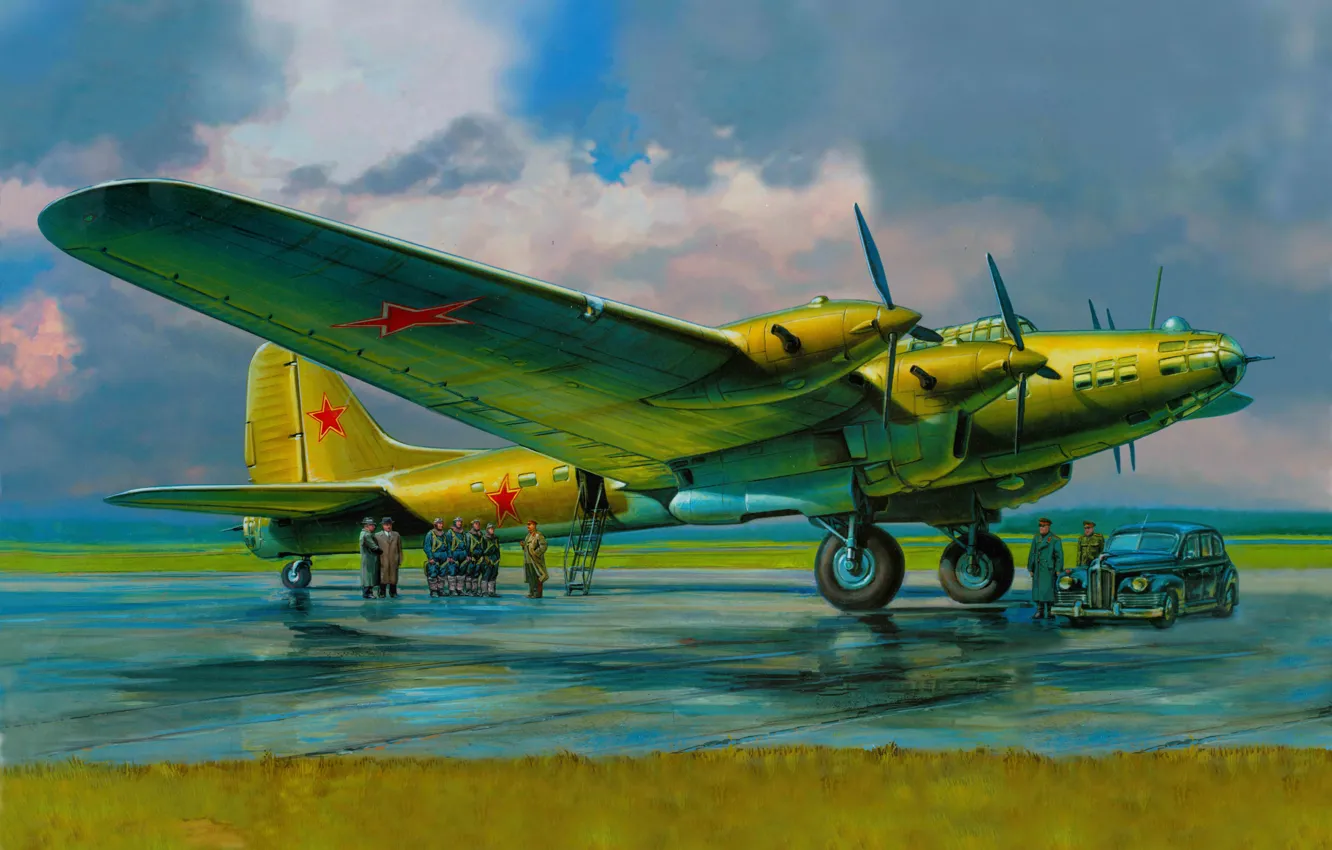 Photo wallpaper the sky, clouds, figure, art, the airfield, military, WWII, the crew