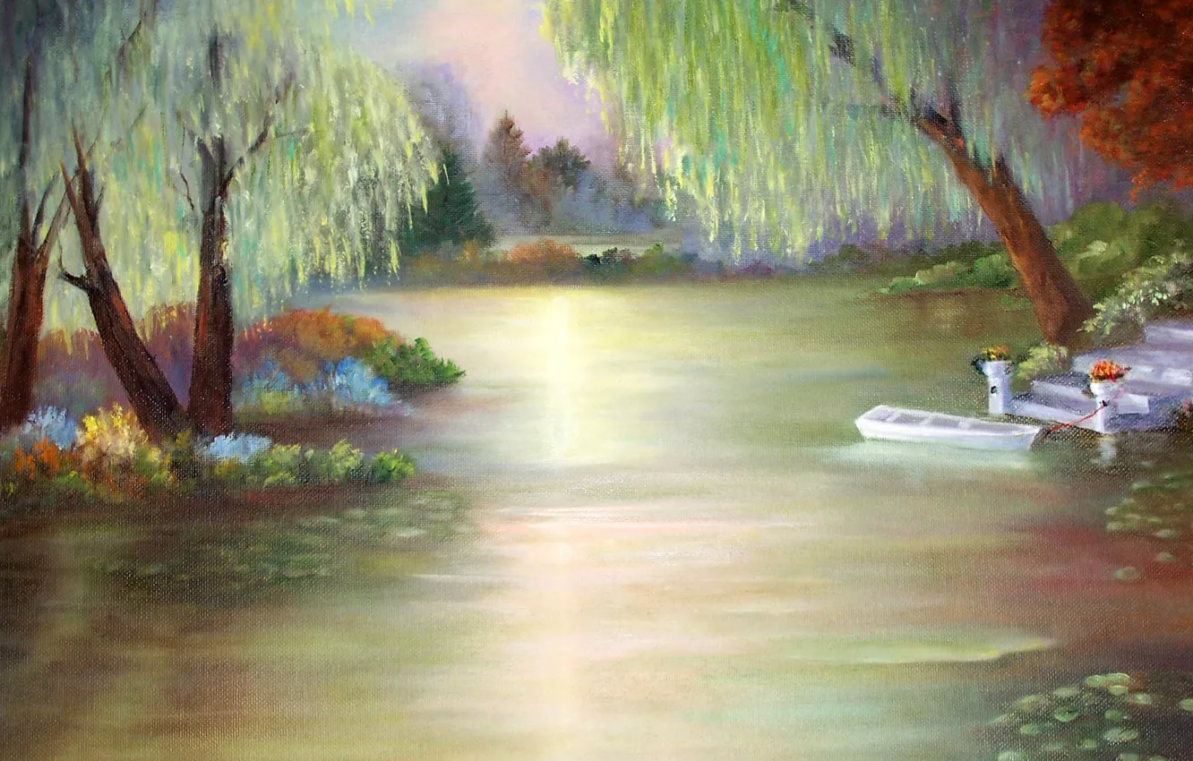 Photo wallpaper trees, lake, lights, boat, art, Dock, lake, boat