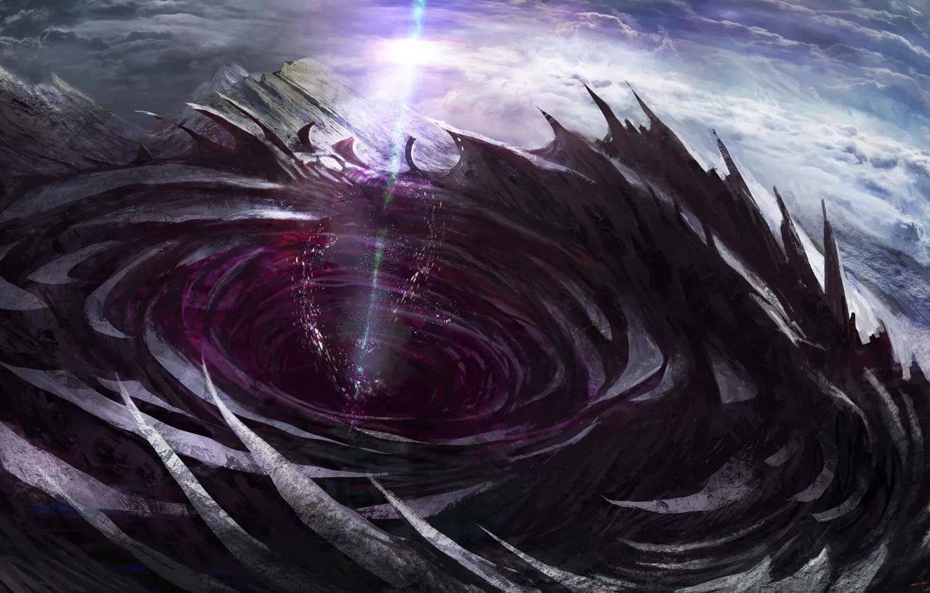 Photo wallpaper rays, mountains, rocks, hole, art, funnel