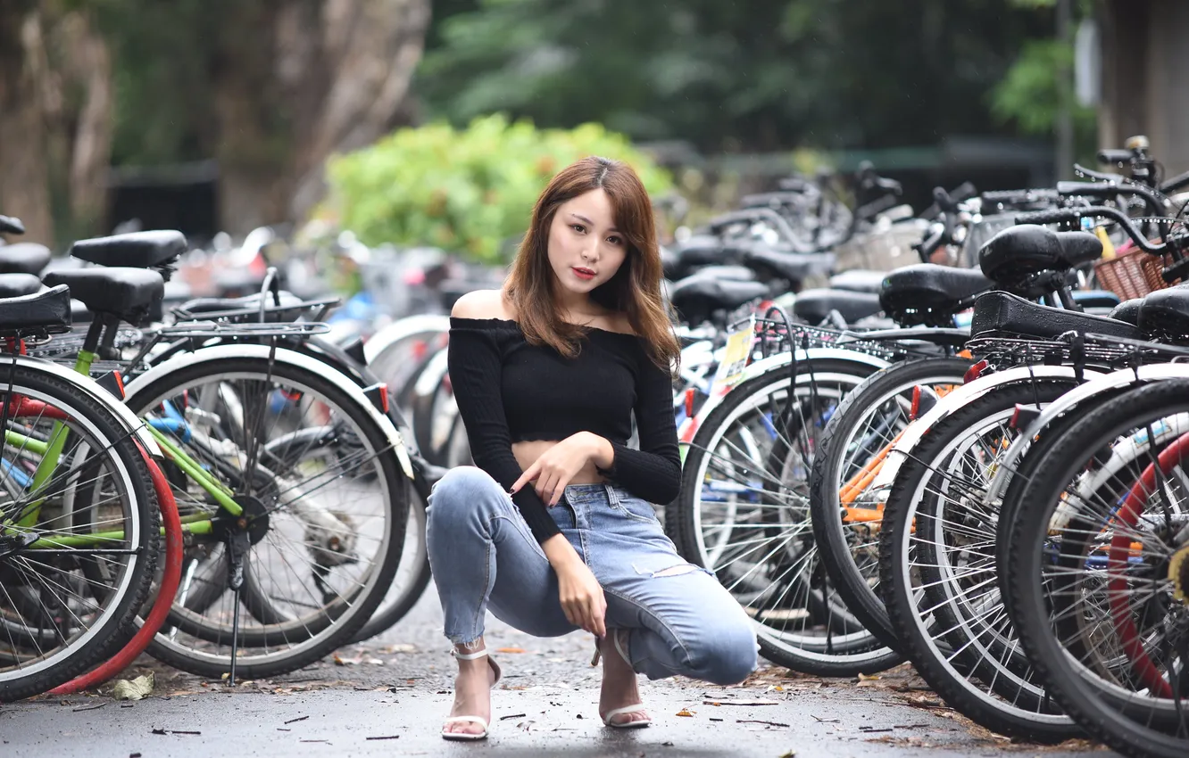 Photo wallpaper girl, bike, the city, Ashley