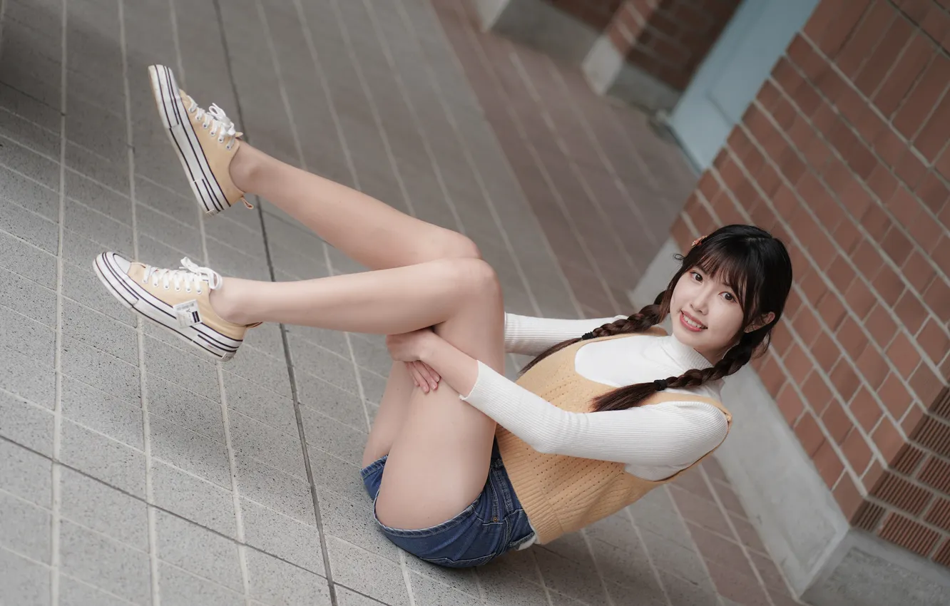 Photo wallpaper smile, feet, shorts, braid, Asian, sitting