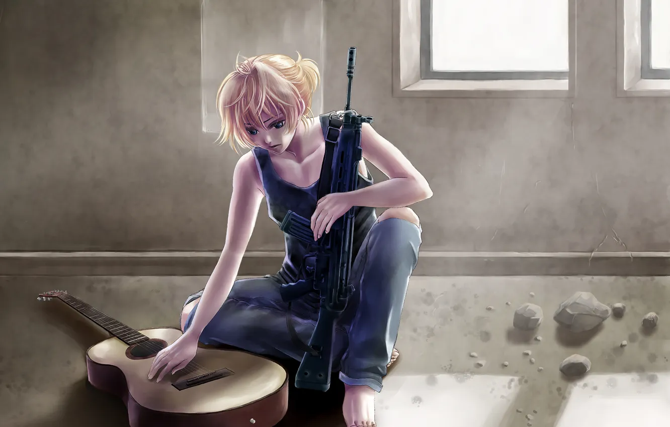 Photo wallpaper loneliness, weapons, guitar, window, guy, vocaloid, Vocaloid, art