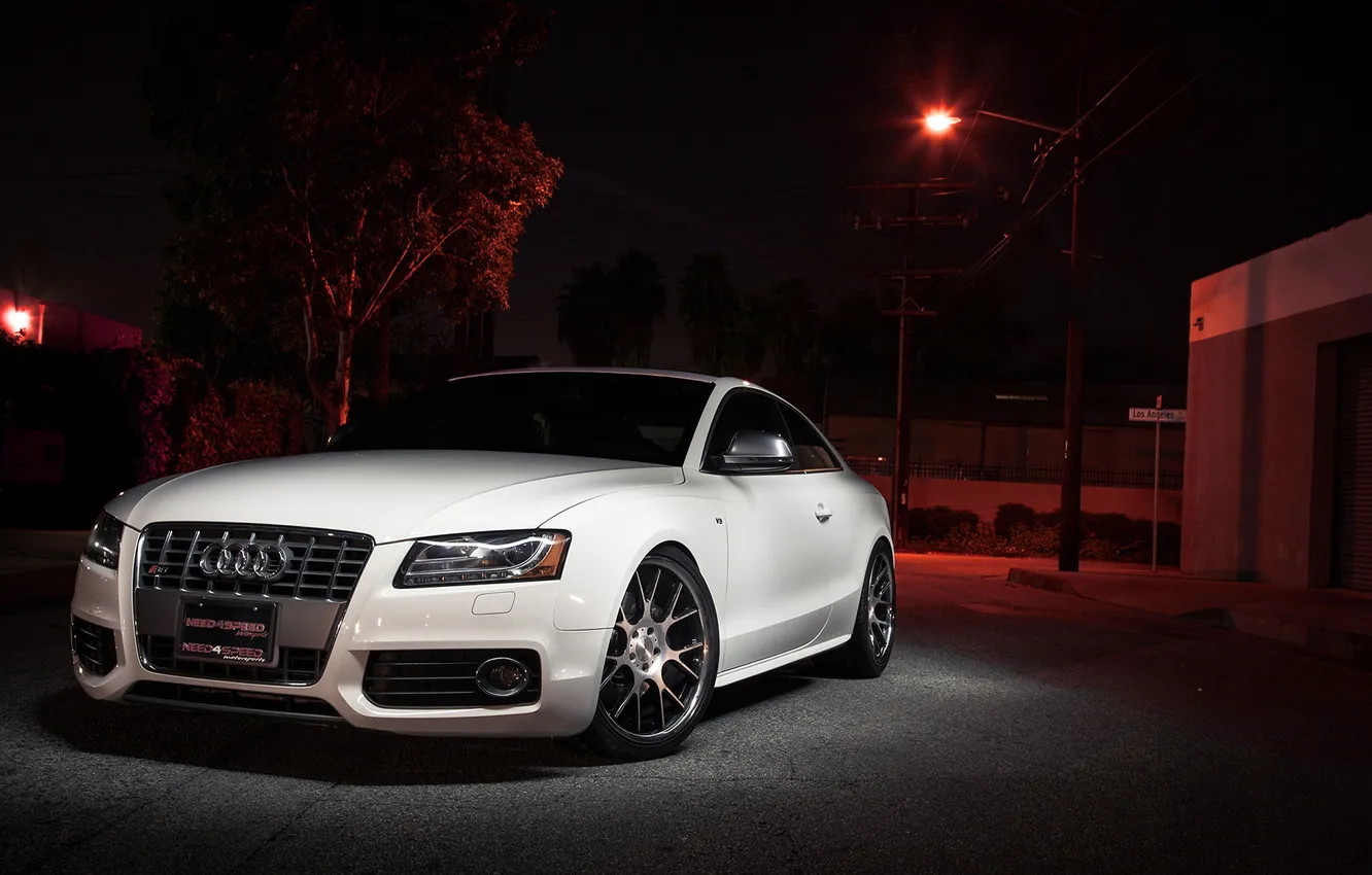 Photo wallpaper white, night, Audi, tuning, coupe, garage, lantern, the front