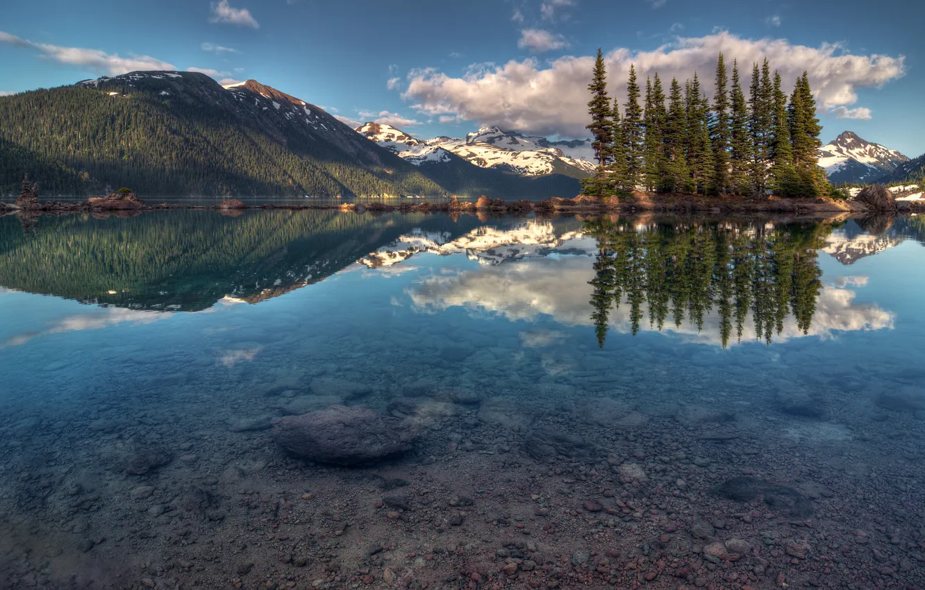 Photo wallpaper trees, mountains, lake, reflection