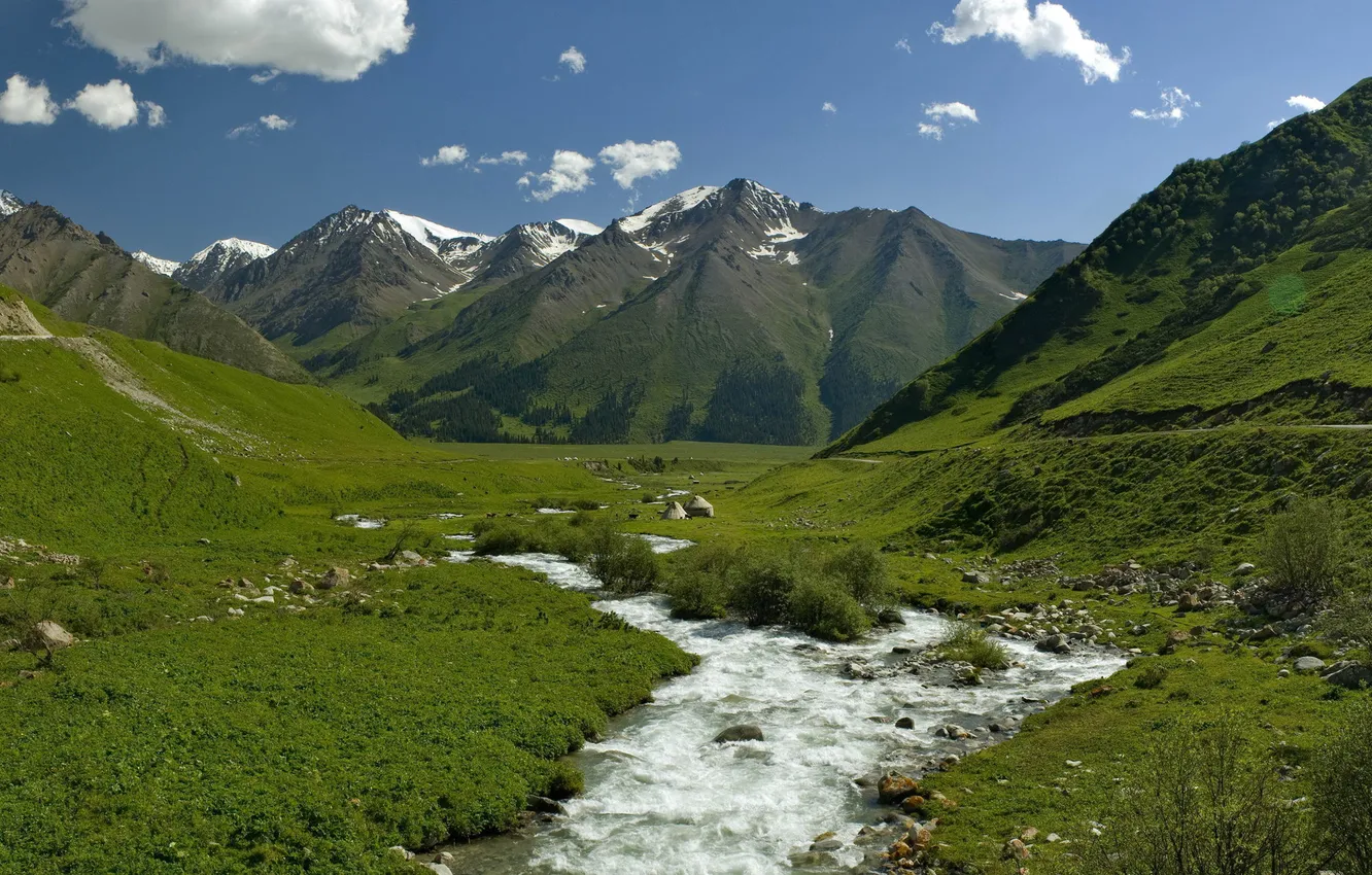 Photo wallpaper greens, grass, snow, mountains, tops, dal, river, direction