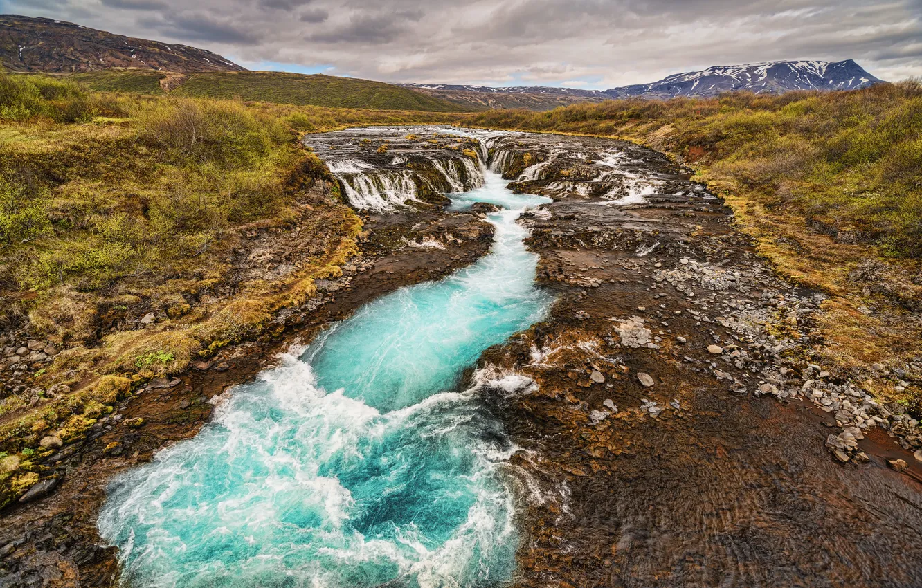 Photo wallpaper grass, mountains, river, stream, Iceland