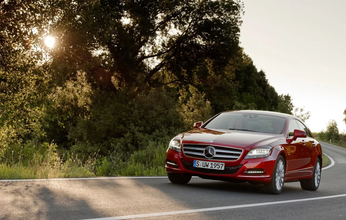 Photo wallpaper road, the sun, light, trees, widescreen, Mercedes, Benz, Mercedes