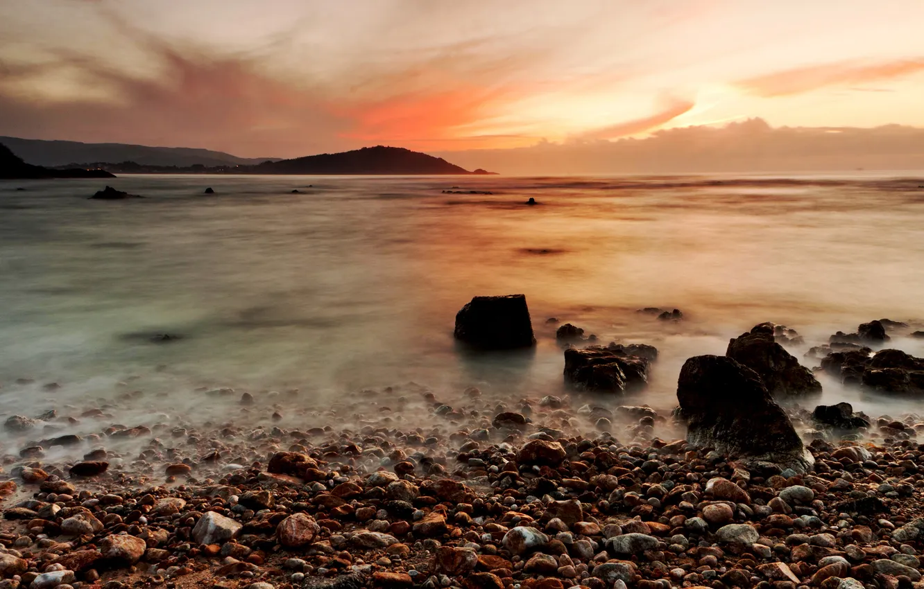 Photo wallpaper sea, the sky, sunset, stones