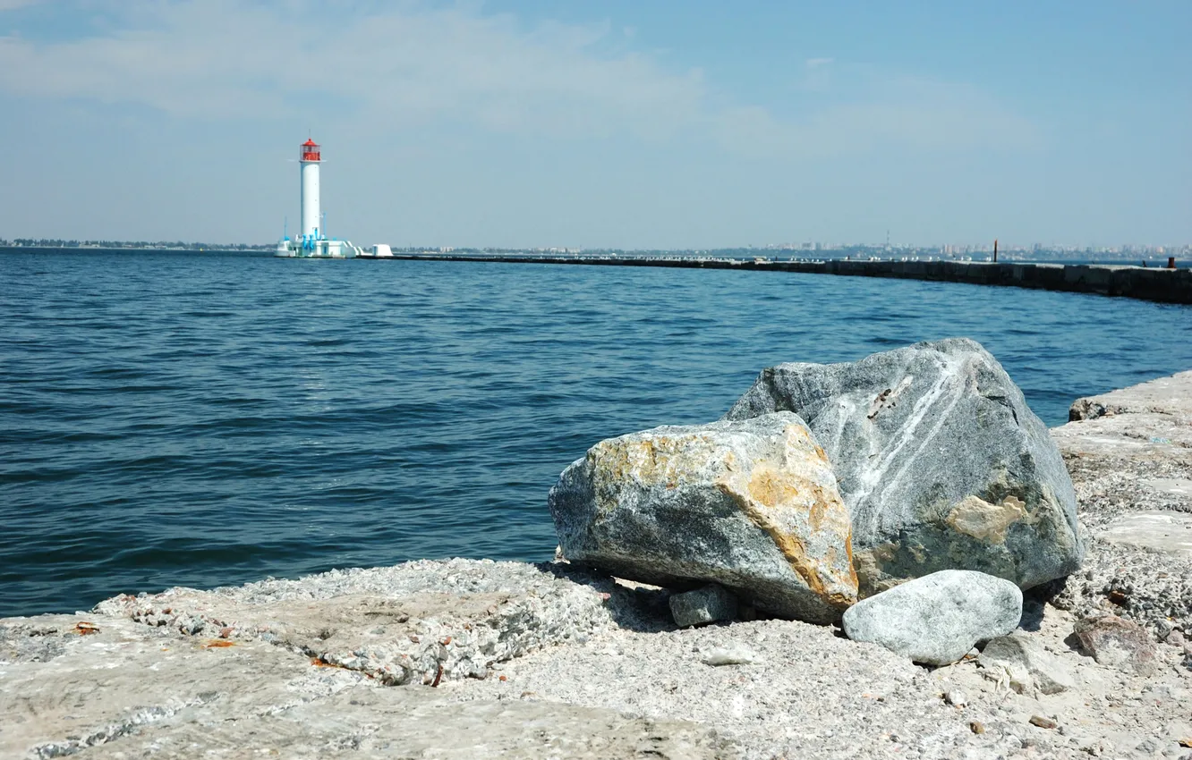 Photo wallpaper sea, stones, coast, lighthouse, Ukraine, Odessa