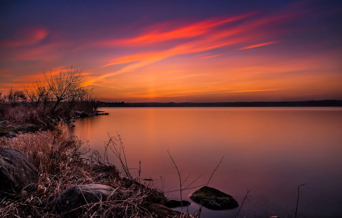 Photo wallpaper landscape, sunset, nature, lake, twilight