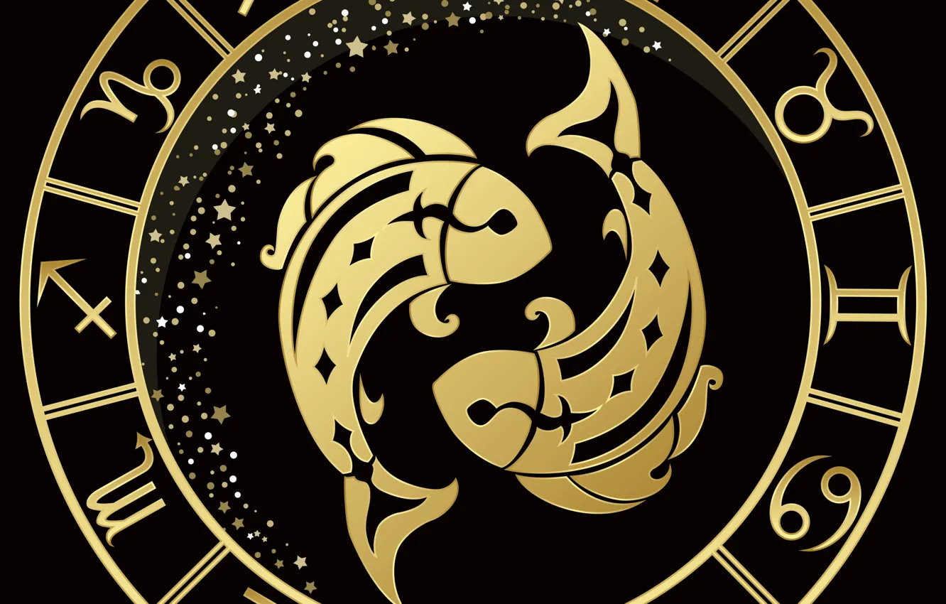 Photo wallpaper fish, black background, zodiac sign, gold stripe