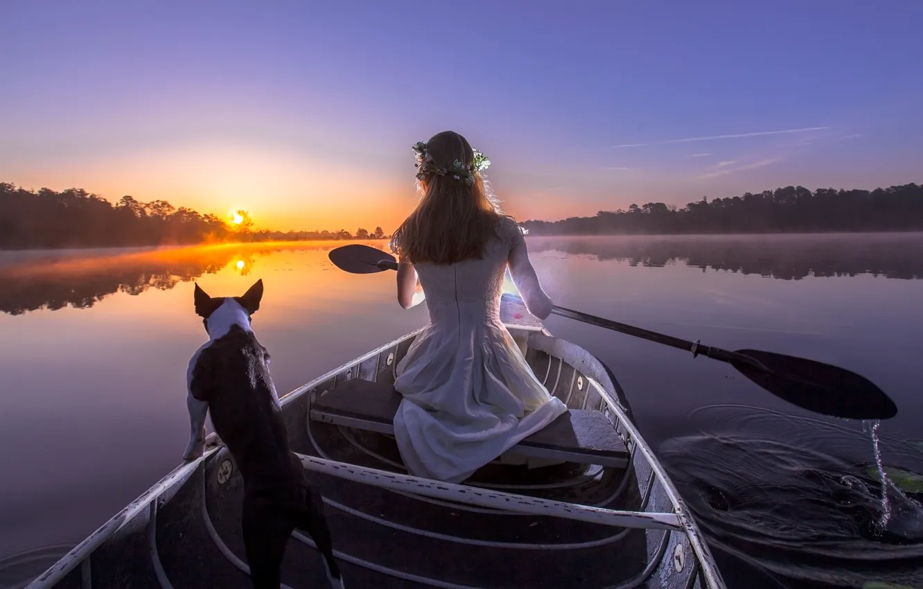 Photo wallpaper girl, sunset, river, boat, dog, the evening, paddle