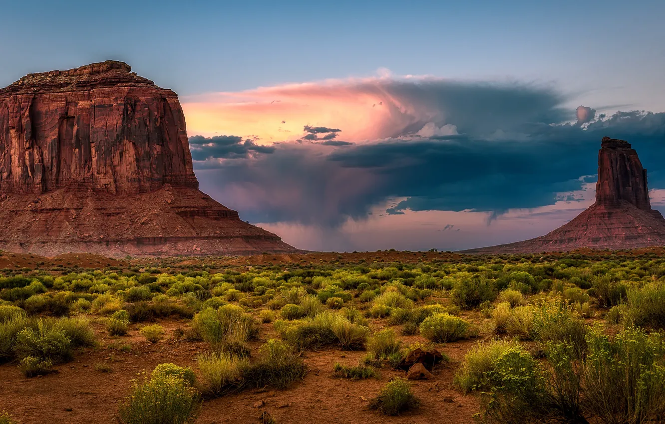 Photo wallpaper sand, the sky, clouds, mountains, stones, rocks, vegetation, desert