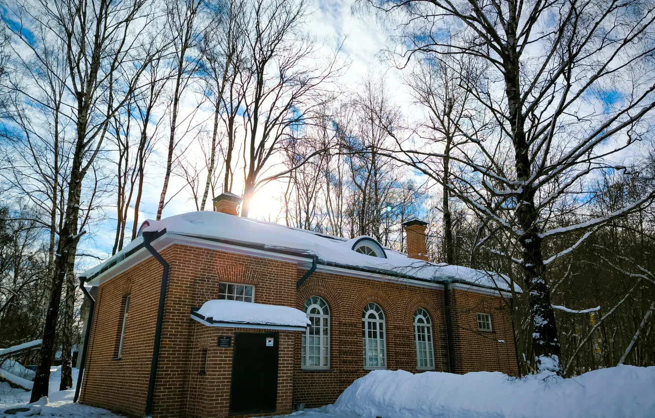 Photo wallpaper winter, the sky, the sun, clouds, snow, trees, building, home