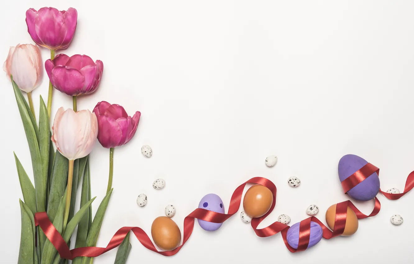 Photo wallpaper holiday, Easter, tulips, Easter, composition, eggs, spring.bouquet
