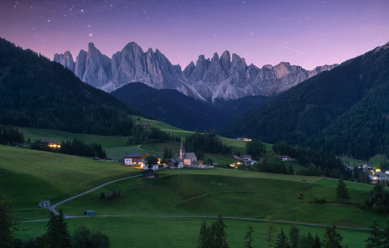 Photo wallpaper field, mountains, night, hills, slope, Alps, house, twilight