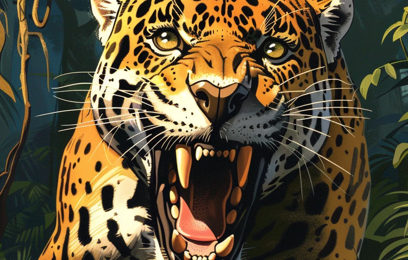 Photo wallpaper language, face, leaves, predator, art, mouth, fangs, grin