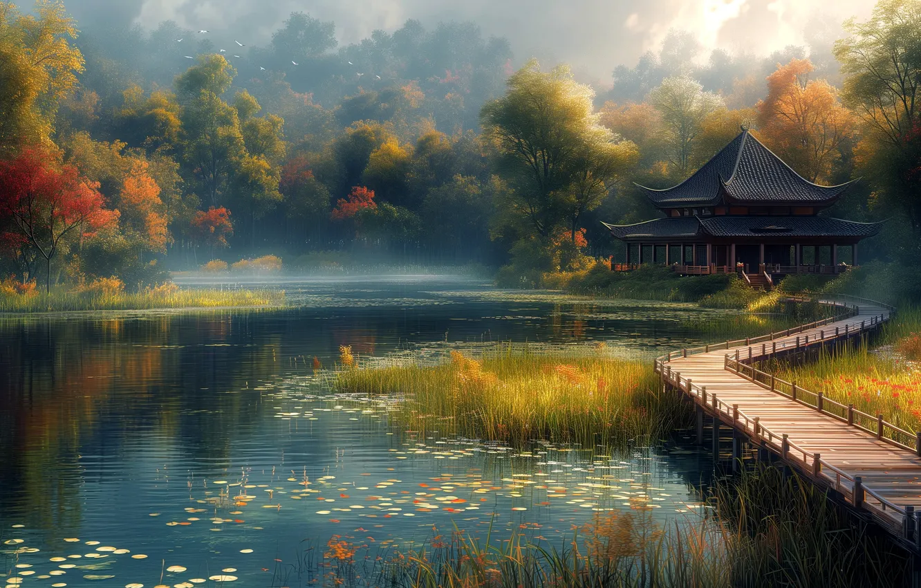 Photo wallpaper autumn, forest, leaves, trees, lake, pond, shore, Asia