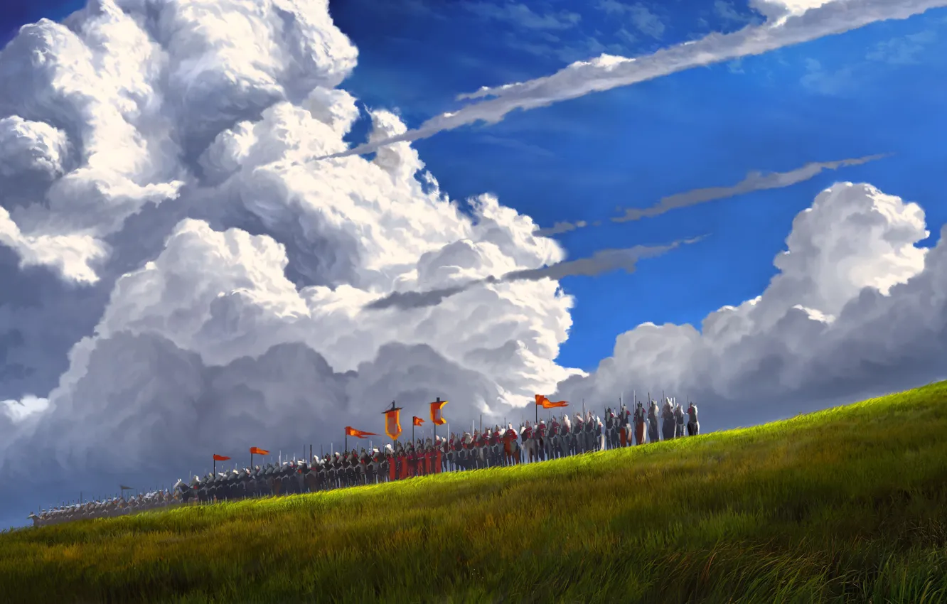 Photo wallpaper sky, field, clouds, army, horses, digital art, artwork, fantasy art