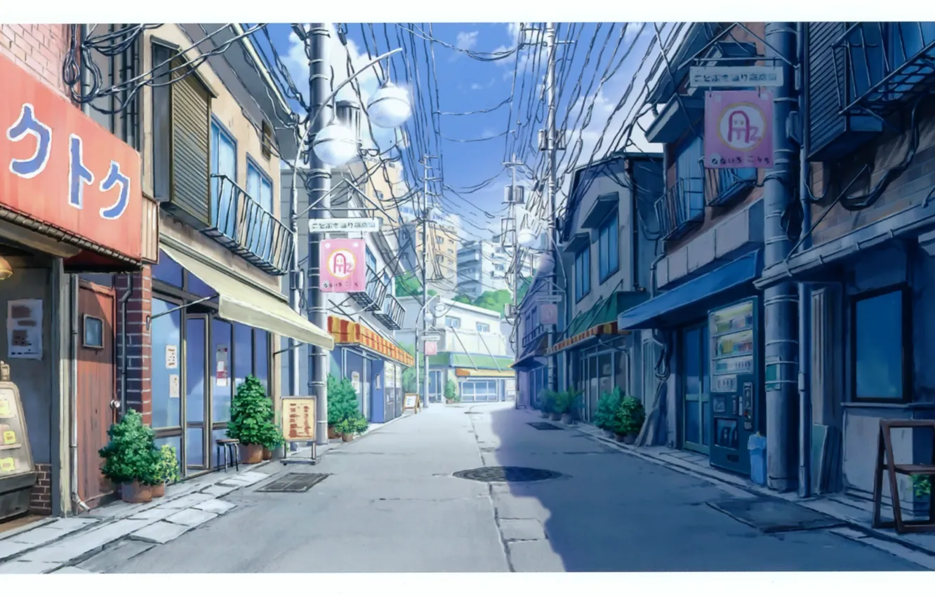 Photo wallpaper summer, posts, wire, home, Japan, signs, canopy, stores
