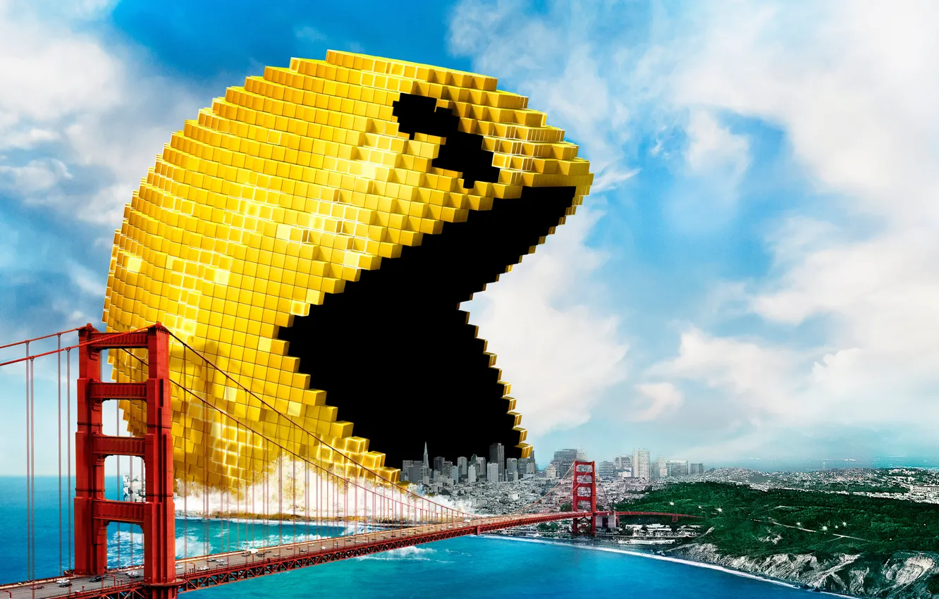 Photo wallpaper sea, bridge, the city, fiction, coast, pixels, pixels, invasion