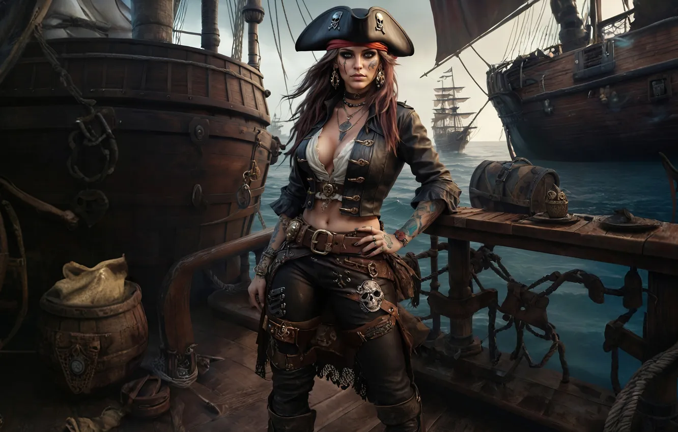 Photo wallpaper girl, ship, pirates