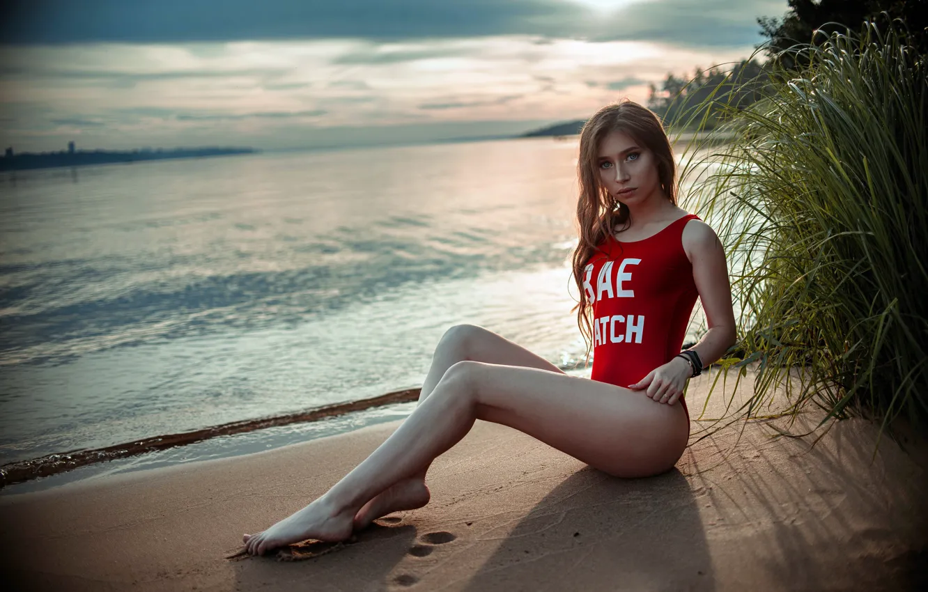 Photo wallpaper sand, beach, look, water, girl, trees, pose, legs