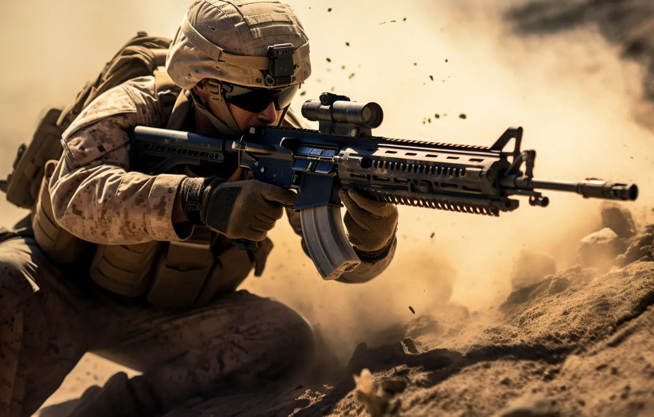 Photo wallpaper sand, dust, glasses, soldiers, machine, male, digital art, AI art
