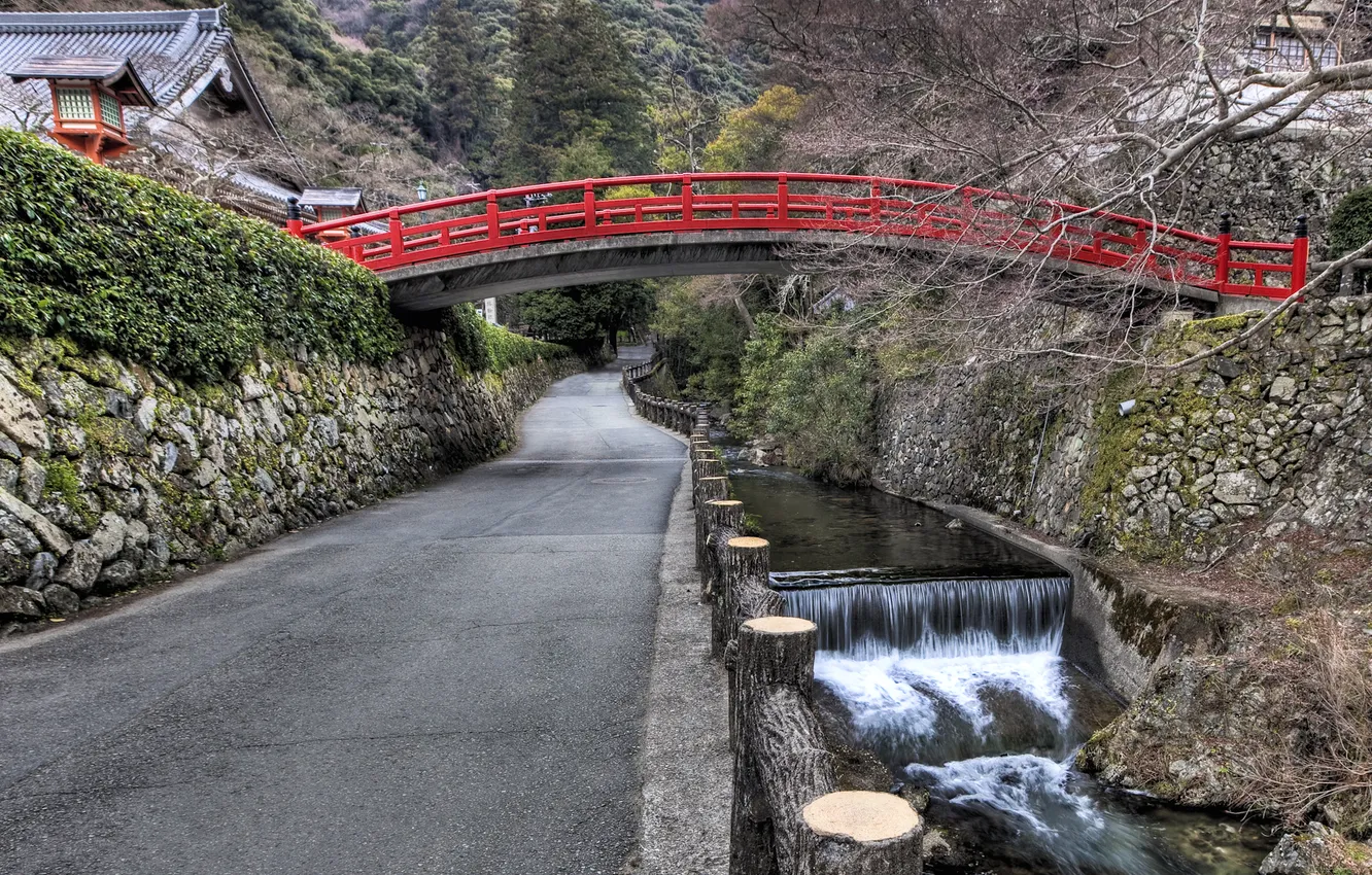 Photo wallpaper HDR, Japan, trees, nature, water, rocks, waterfall, path