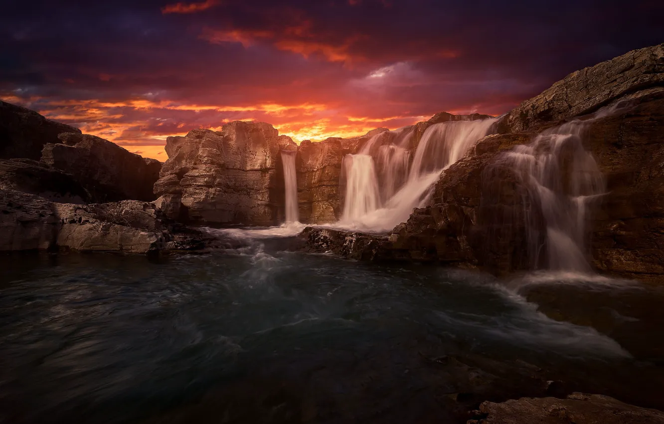 Photo wallpaper clouds, waterfall, shore, sunset sky, pond, stream, rocks, sunset