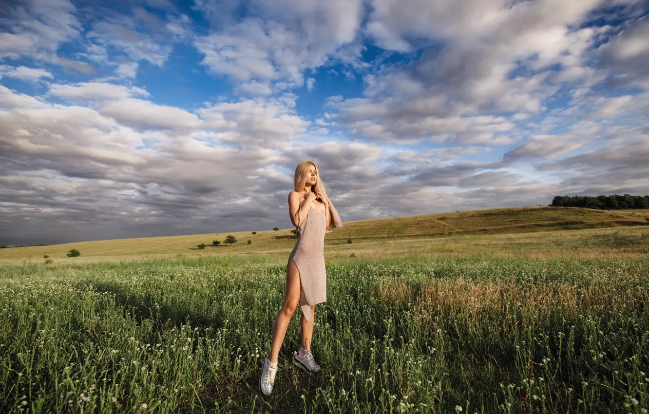 Photo wallpaper sky, long hair, dress, clouds, women, brunette, blonde, white shoes