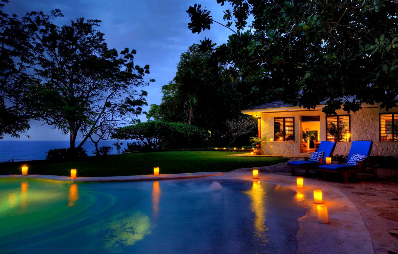 Photo wallpaper trees, house, the ocean, stay, island, the evening, candles, pool