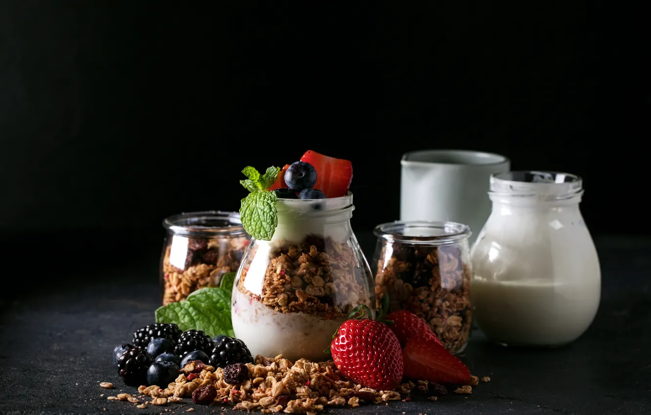 Photo wallpaper berries, Breakfast, yogurt, granola