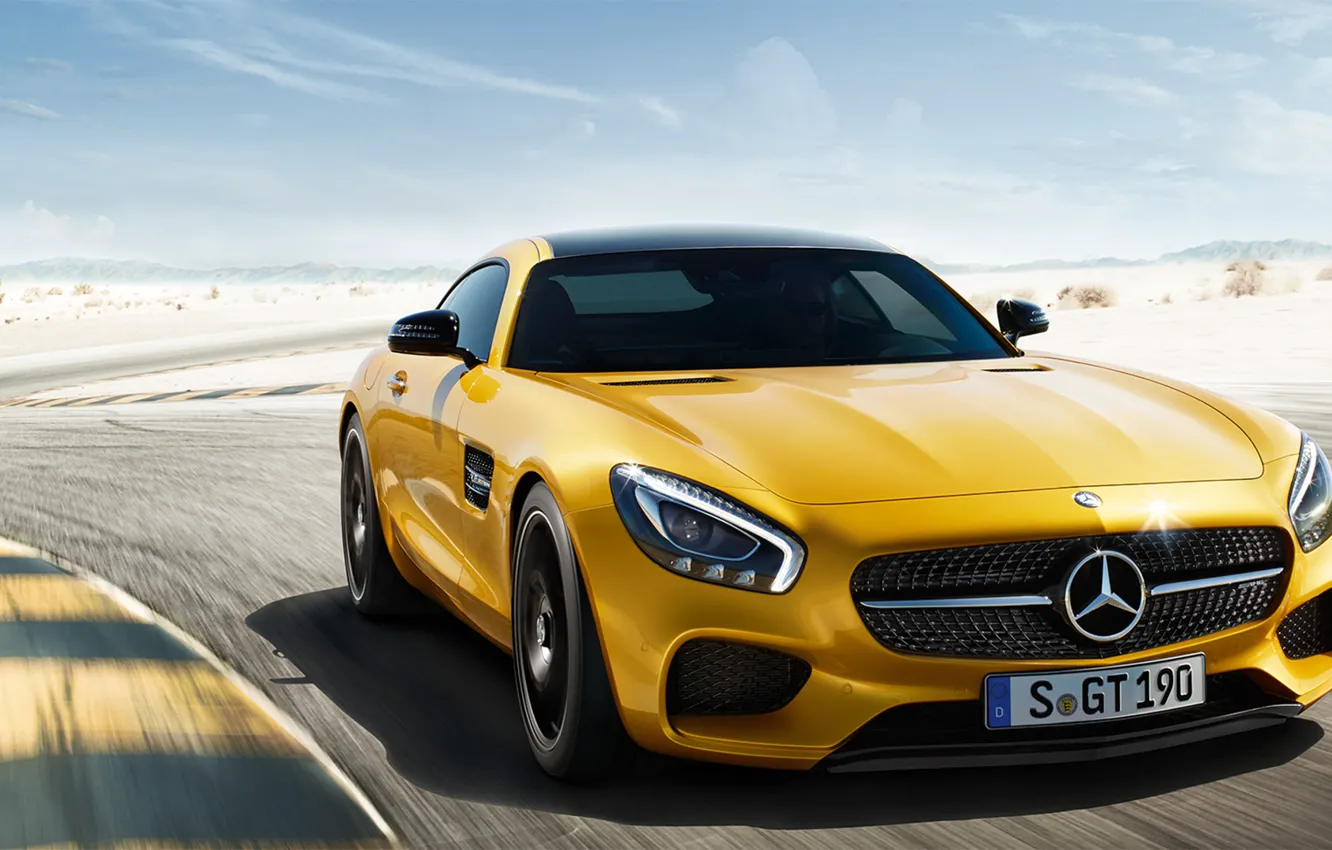 Photo wallpaper machine, auto, yellow, desert, coupe, Mercedes-Benz, track, Mercedes