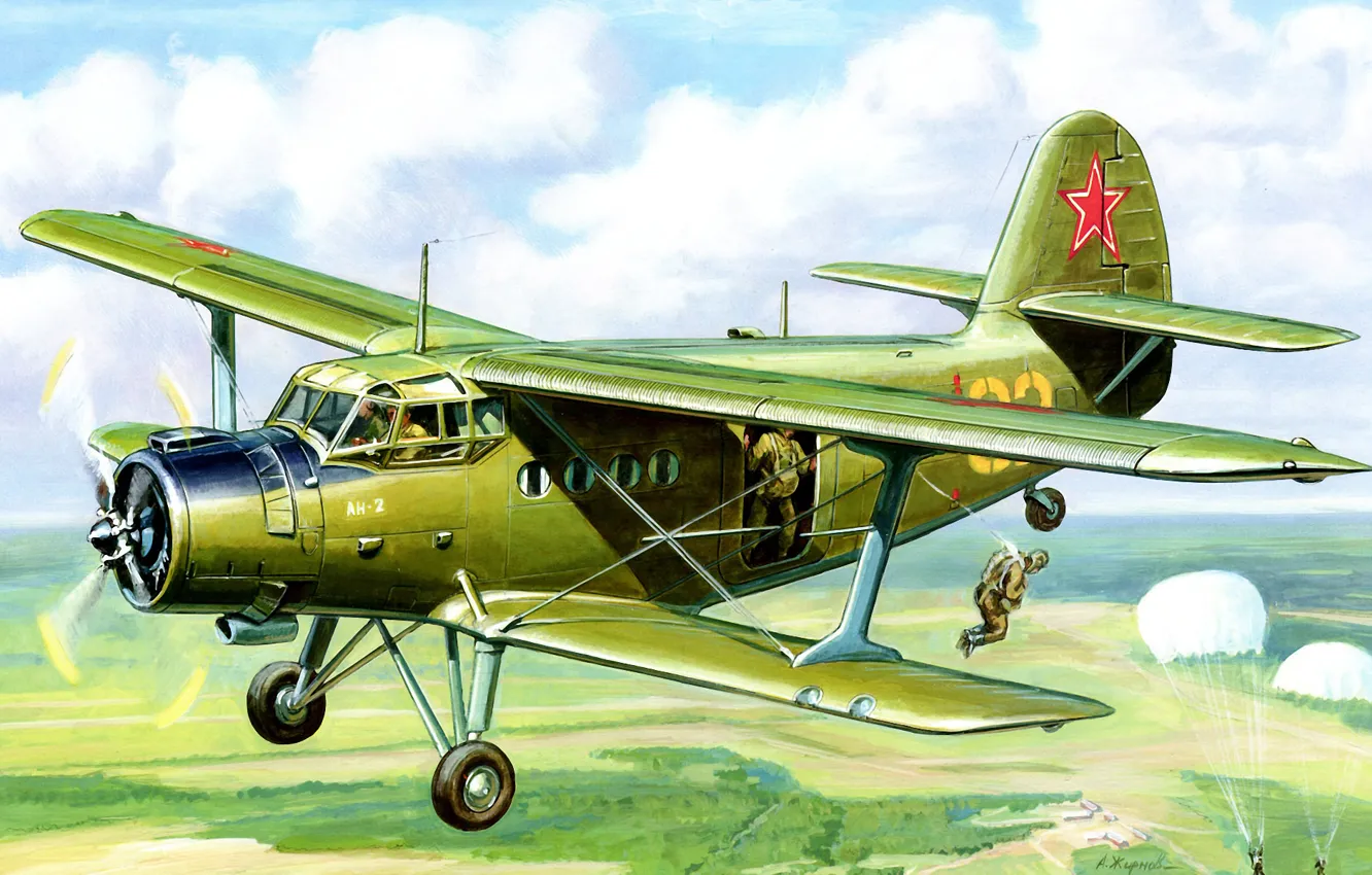 Photo wallpaper art, airplane, painting, aviation, parachuter, AN-2