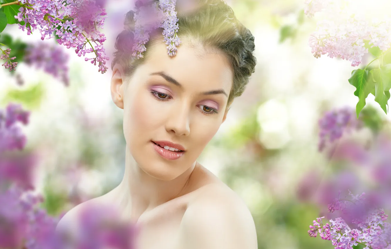 Photo wallpaper girl, tenderness, daydreaming, lilac, bokeh, charm