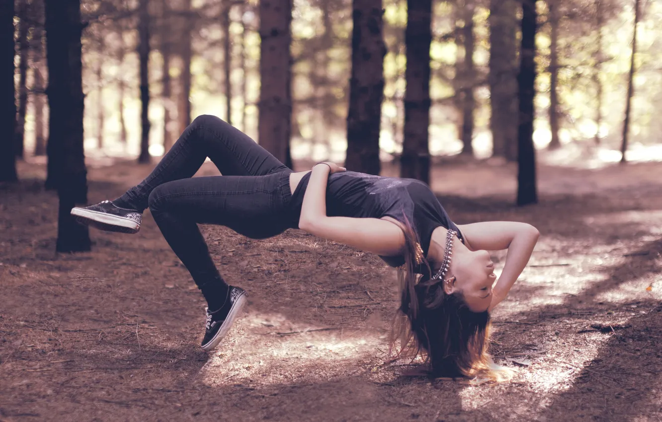 Photo wallpaper forest, girl, trees, brown hair, levitation