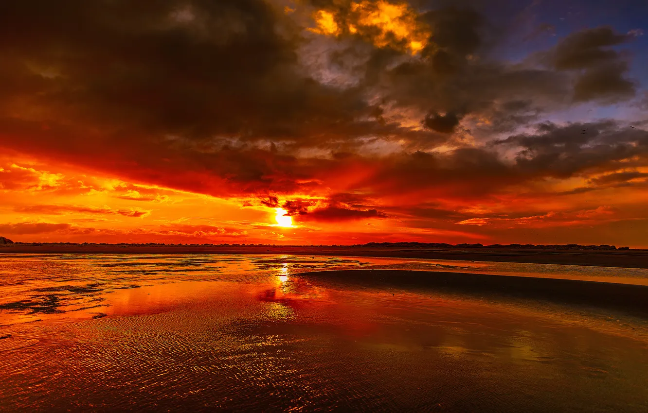 Photo wallpaper sea, the sky, clouds, sunset, reflection, glow