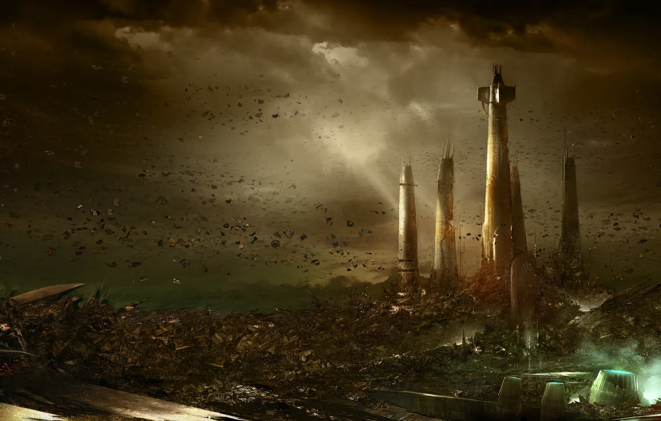 Photo wallpaper the explosion, clouds, the city, stones, planet, disaster, tower, Force Unleached